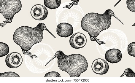 Kiwi birds and fruits. Seamless pattern with animals and food. Hand drawing of wildlife. Vector illustration art. Black and white. Old engraving. Vintage. Design for fabrics, paper, textiles, fashion.