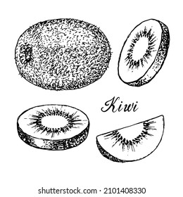 kiwi black outline art set. Collection of exotic summer tropical fruit