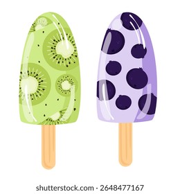 Kiwi and blueberry popsicle. Fruit ice cream set. Can be used for wallpaper and sticker