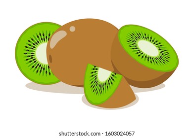kiwi,  bunch of whole and cut tropical fruit. vector flat illustration.