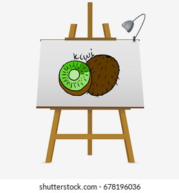 Kiwi cartoon on easel. Hand drawn vector stock illustration.