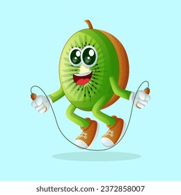 kiwi character doing skipping rope. Perfect for kids, merchandise and sticker, banner promotion
