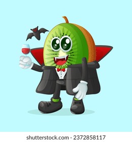 kiwi character dressed as a vampire and holding a. Perfect for kids, merchandise and sticker, banner promotion
