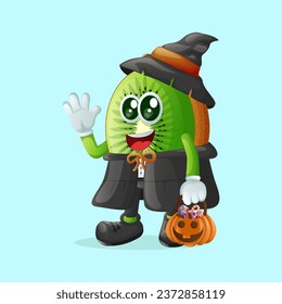kiwi character dressed as a witch and holding a pumpkin. Perfect for kids, merchandise and sticker, banner promotion
