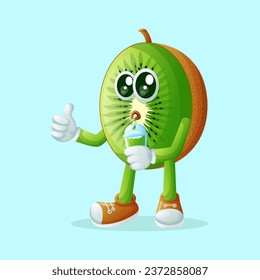 Kiwi Charakter trinken einen grünen Smoothie. Perfekt für Kinder, Werbeartikel und Aufkleber, Werbebanner
