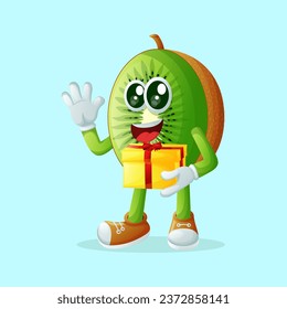 kiwi character holding a gift box. Perfect for kids, merchandise and sticker, banner promotion
