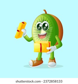 kiwi character opening a present. Perfect for kids, merchandise and sticker, banner promotion
