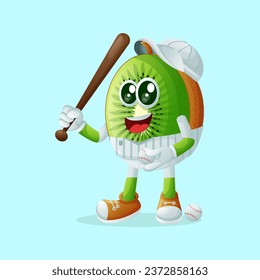 personaje kiwi jugando al béisbol. Perfecto para niños, mercadería y pegatinas, promoción de pancartas
