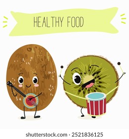 Kiwi character, tropical exotic fruit, vector isolated food icon, funny character. Hand drawn vector.