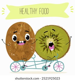 Kiwi character, tropical exotic fruit, vector isolated food icon, funny character. Hand drawn vector.