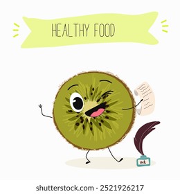 Kiwi character, tropical exotic fruit, vector isolated food icon, funny character. Hand drawn vector.