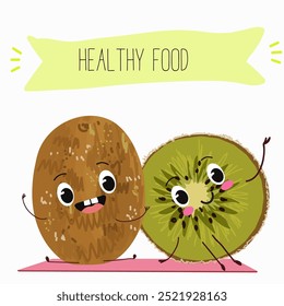 Kiwi character, tropical exotic fruit, vector isolated food icon, funny character. Hand drawn vector.