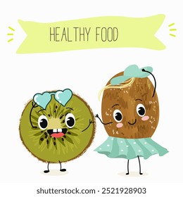 Kiwi personagem, fruta tropical exótica, ícone de comida isolada vetorial, personagem engraçado. Vetor desenhado à mão.