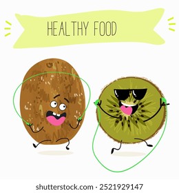 Kiwi personagem, fruta tropical exótica, ícone de comida isolada vetorial, personagem engraçado. Vetor desenhado à mão.