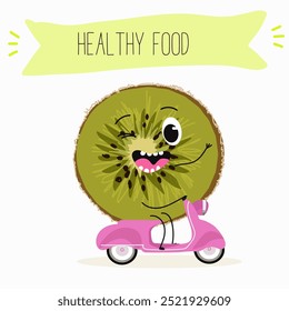 Kiwi character, tropical exotic fruit, vector isolated food icon, funny character. Hand drawn vector.