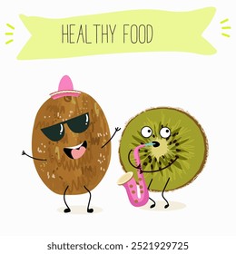 Kiwi character, tropical exotic fruit, vector isolated food icon, funny character. Hand drawn vector.