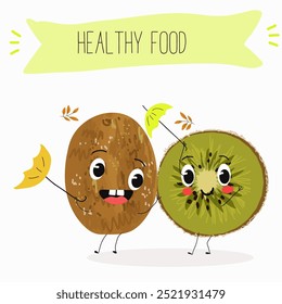 Kiwi character, tropical exotic fruit, vector isolated food icon, funny character. Hand drawn vector.
