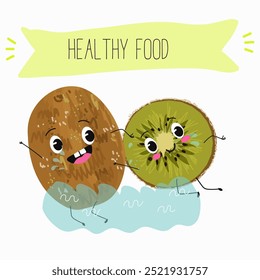 Carácter del kiwi, fruta exótica tropical, ícono aislado de la comida del Vector, carácter divertido. Vector dibujado a mano.