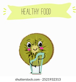 Kiwi character, tropical exotic fruit, vector isolated food icon, funny character. Hand drawn vector.