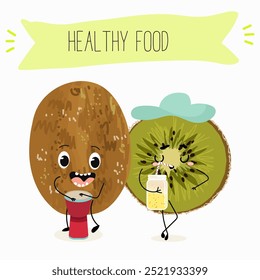 Kiwi character, tropical exotic fruit, vector isolated food icon, funny character. Hand drawn vector.