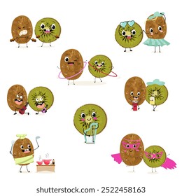 Kiwi character, tropical exotic fruit, vector isolated food icon, funny character. Hand drawn vector.