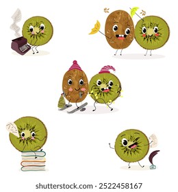 Kiwi character, tropical exotic fruit, vector isolated food icon, funny character. Hand drawn vector.