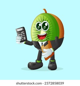 Kiwi-Zeichen mit einem Taschenrechner. Perfekt für Kinder, Werbeartikel und Aufkleber, Werbebanner
