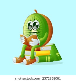 kiwi character wearing glasses and reading a book. Perfect for kids, merchandise and sticker, banner promotion
