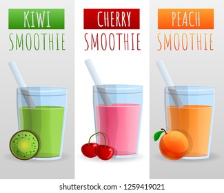 Kiwi, cherry, peach smoothie concept background. Cartoon illustration of kiwi, cherry, peach smoothie vector concept background for web design