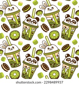 Kiwi cocktail, cold sweet drinks. Bubble milk tea. Seamless pattern. Vector.