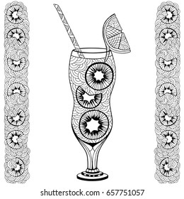 Kiwi cocktail. Doodle and zentangle style. Hand drawn coloring. Vector illustration.