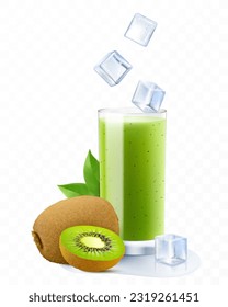 Kiwi cocktail. Fruit smoothie or yogurt. Summer refreshing drink with ice cubes and kiwi. Kiwi juice, lemonade. Realistic 3D vector illustration