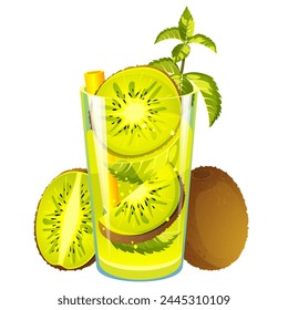 Kiwi cocktail. Fruity summer juice. Smoothie with fresh fruit. Lemonade with kiwi. Vector illustration.