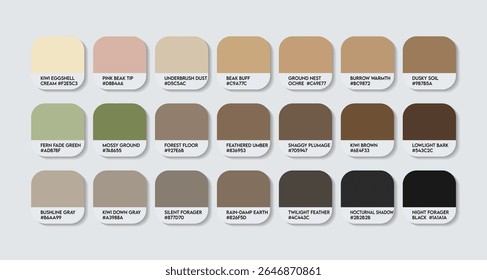 Kiwi Color Palette (nativo da Nova Zelândia). Gráfico de amostra de tons de cor Kiwi com códigos HEX e nomes de cores. pássaro sem voo e, coloquialmente, cores Nova Zelândia tons variantes. Paleta de cores de moda