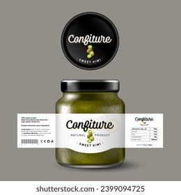 Kiwi confiture. Sweet food. White label with fruits and letters. Mock up of Glass Jar with label.