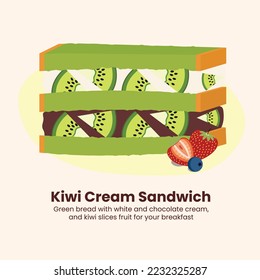 Kiwi cream sandwich, with green bread, kiwi, strawberry, blueberry, white and chocolate cream