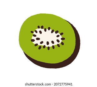 Kiwi, cut half of fresh fruit with green flesh and seeds. Top view of tropical kiwifruit piece drawn in doodle style. Exotic food icon. Flat vector illustration isolated on white background