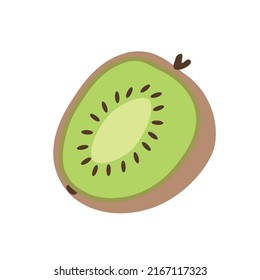 Kiwi, cut half of fresh fruit with green flesh and seeds. Top view of tropical kiwifruit piece drawn in doodle style. Exotic food icon. Flat vector illustration isolated on white background