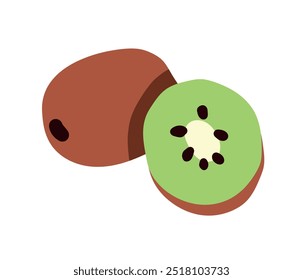 Kiwi, corte metade de frutas frescas com polpa verde e sementes, kiwi frutas, bagas exóticas frescas, alimento orgânico tropical doce maduro natural, peça de kiwis tropical desenhado vitamina vetor plano ilustração.