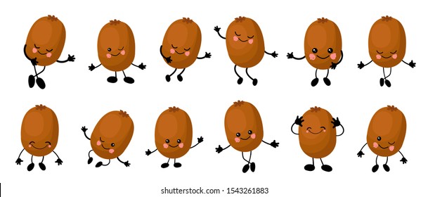 Kiwi. Cute character cheerful with arms and legs. Set of fruits isolated on a white background ..