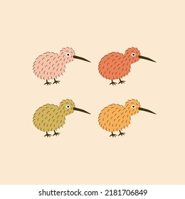 Kiwi cute colorful birds hand drawn vector illustration. Isolated New Zealand furry bird in flat style for kids logo or icon.