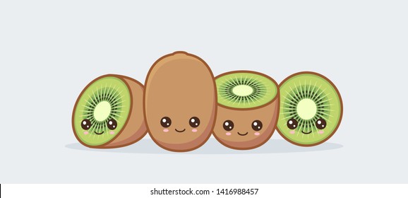 Kiwi cute kawaii mascot. Set of funny kawaii drawn fruit in the cut