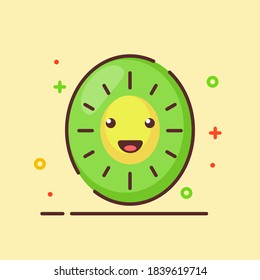 Kiwi Cute Mascot Face Emotion Happy Fruit With Color Flat Cartoon Outline Style