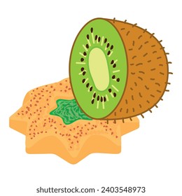 Kiwi dessert icon isometric vector. Fruit cookie with jam near fresh kiwi half. Dessert, food concept