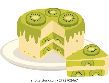 kiwi dessert with layered cake slice, fresh fruit topping, and creamy green glaze, created for food design, bakery branding, recipe content, and menu artwork