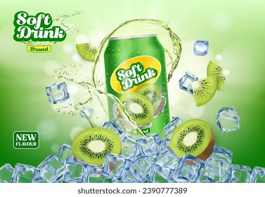 Caña de bebidas de Kiwi, jugo de fruta y cubitos de hielo. Bebida de jugo refrescante carbonatada, nuevo recipiente de lata con sabor a fruta Póster vectorial realista con trozos de kiwi, cubos de hielo salpicar