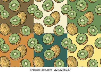 Kiwi exotic fruit seamless pattern set. Eco organic nature ingredient collection for food market.