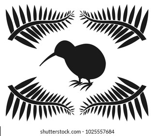 Kiwi and ferns, symbols of New Zealand illustration