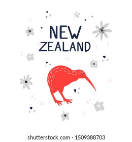 Kiwi flat hand drawn vector illustration.  Wildlife, zoo bird isolated cartoon clipart. New Zealand wild fauna doodle drawing on white background with flowers. Red bird with black lettering.