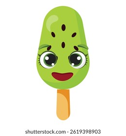 Kiwi flavored green ice cream character Happy fruit dessert illustration Funny summer snack graphic with kiwi seeds Adorable green treat with a smiling face 